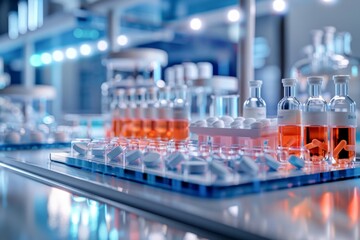 Clinical trial phases visualized through digital models medication samples in focus