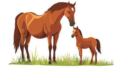 Cartoon happy brown horse with a foal Flat vector 