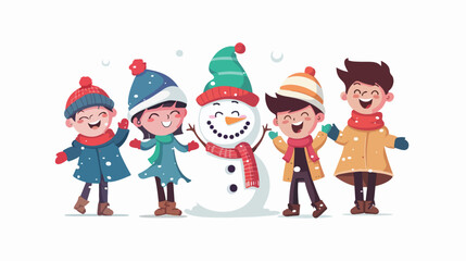 Cartoon happy kids with a snowman Flat vector isolate