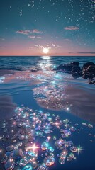 Blue beach with fluorescent ocean, moonlight, sparkling stars.