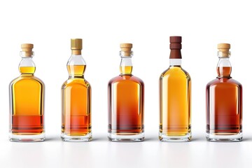 Set of Full small flat bottles of whiskey isolated on white background