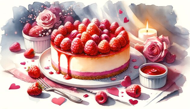 Watercolor Painting of Raspberry Cheesecake