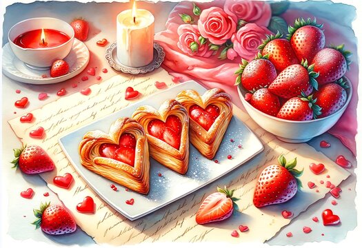 Watercolor Painting of Strawberry Love Notes Pie