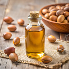 Argan oil in bottle with argan nut seeds on wooden table used for cosmetic skin hair care and healthy culinary purpose. Generative AI