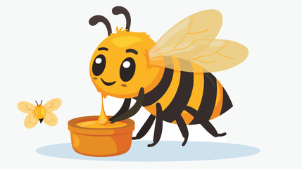 Cartoon little bee with honey pot Flat vector