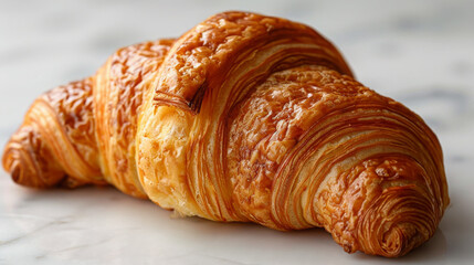 Fototapeta premium Artisan Baked Croissant Glazed Golden Perfection Close-Up, Marble Tabletop