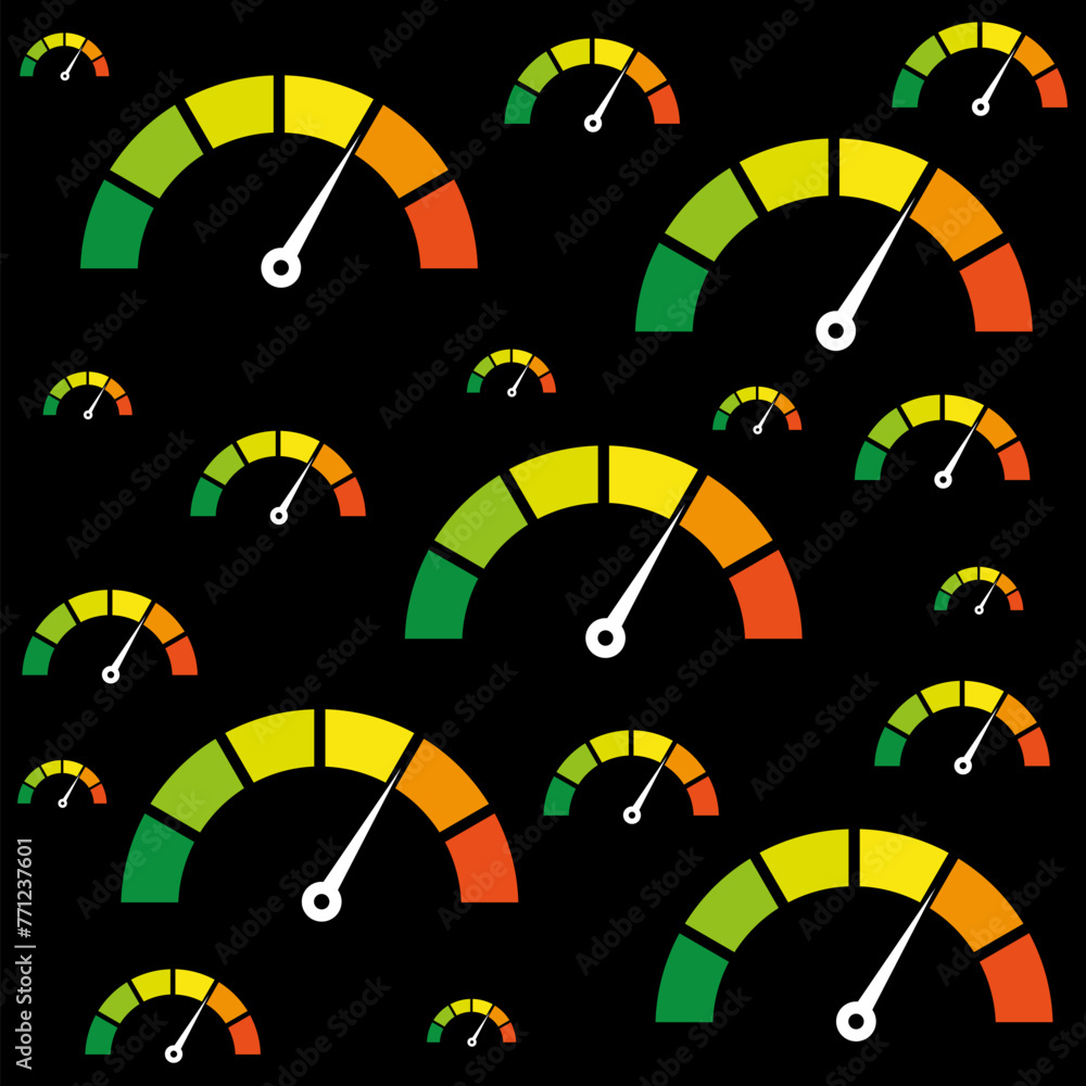 Poster color speedometer. speed meter seamless pattern isolated on black background