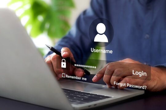 Hand touching login username and password icon for safety internet security access or user sign registration menu for social media member verification personal information account submit register.