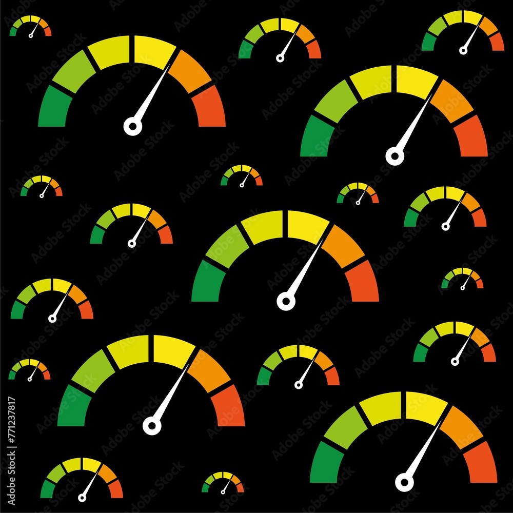 Poster color speedometer. speed meter seamless pattern isolated on black background