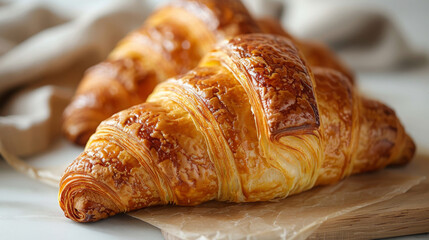 Classic French Bakery Croissant Freshly Baked on Parchment, Rustic Wooden Board