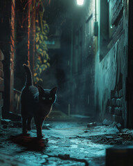 A sleek cat slinks through a dimly lit alley, its eyes glowing softly as it moves with silent grace - obrazy, fototapety, plakaty