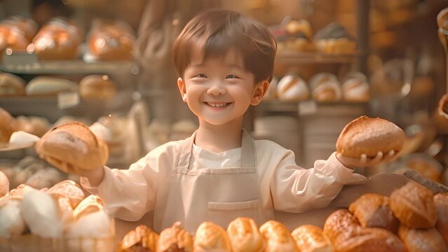 Chinese boy, wearing a white kitchen uniform and apron, holding bread. Standing inside a bakery window,generative ai