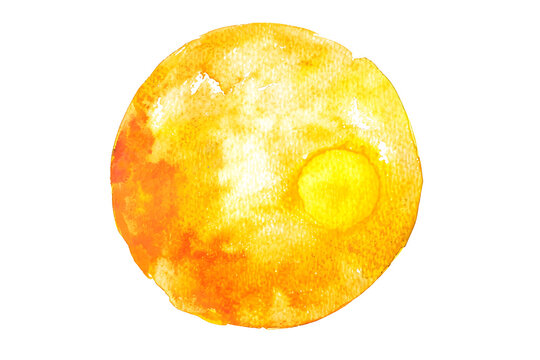 Yellow and orange circular watercolor paint stain on white background.