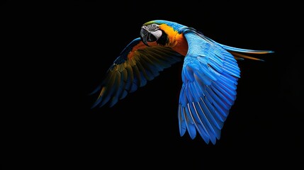 Side view of colorful macaw parrot on black background - obrazy, fototapety, plakaty