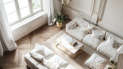 Classic elegance living room, marble table, gold fixtures, white couch, white wall with intricate moldings, herringbone wood floor, harmonious blend of heritage and contemporary design. generative AI