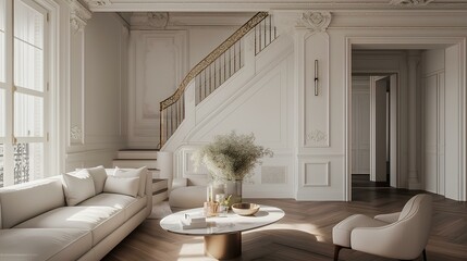 Classic elegance living room, marble table, gold fixtures, white couch, white wall with intricate moldings, herringbone wood floor, harmonious blend of heritage and contemporary design. generative AI