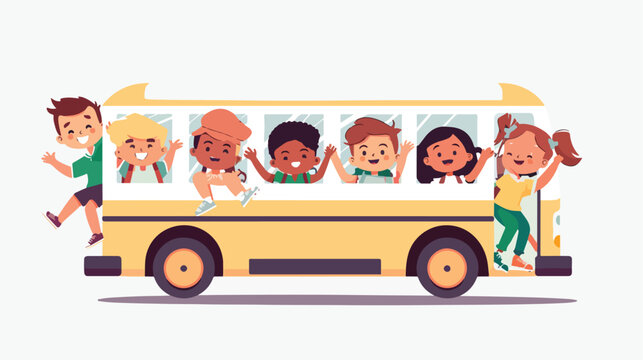 Back to school. Happy Cartoon children riding on school