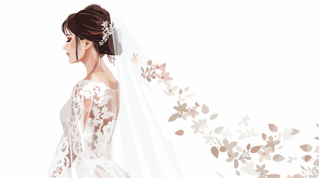 Beautiful bride with floral dress and veil flat vector