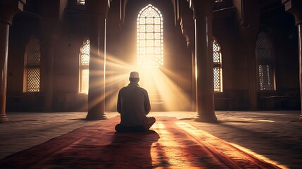 A religious Muslim prays in a mosque. Sits with his back to the camera. Sunset light. - obrazy, fototapety, plakaty