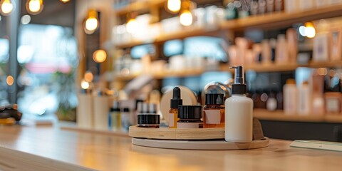 Fototapeta premium Cosmetics products on table inside shop.