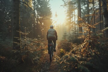 Back view of man cycling thro the forest in the morning. - obrazy, fototapety, plakaty
