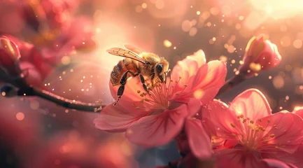 Tuinposter Close-up of bee pollinating on pink flower © kardaska