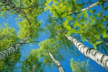 Fototapeta premium Birch tree with fresh green leaves on a summer day against the blue sky