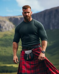 portrait of a mature muscular man in a T-shirt and red kilt outdoors