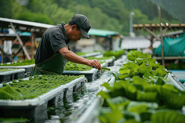 A worker oversees the cultivation of nutritious algae on the farm.