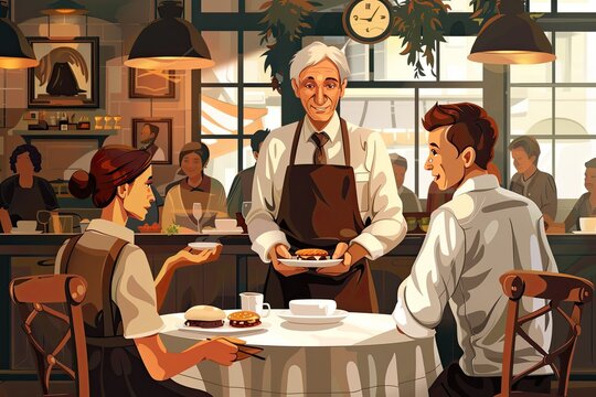 An elderly waiter serves a couple in a restaurant.