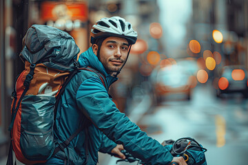 A man in a blue jacket is engaged in fast food delivery on a bicycle. The work of the delivery...