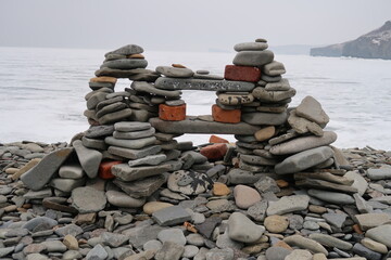 cairn, stone balance, pyramid of stones on the beach