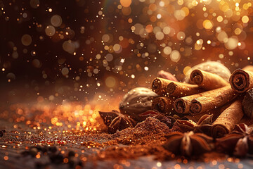 Cinnamon Sticks and Spices with Golden Bokeh Background - obrazy, fototapety, plakaty