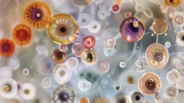 A colorful image revealing the diverse shapes and sizes of conidia spores from different fungal species. Some spores are ovoid while . AI generation.