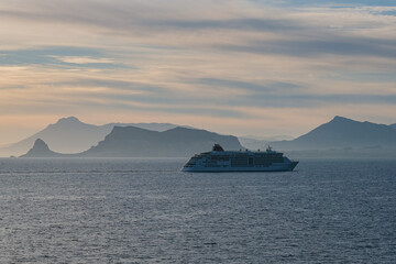 Super deluxe luxury cruiseship cruise ship liner yacht Europa 2 sailing towards Palermo, Sicily...