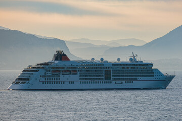 Super deluxe luxury cruiseship cruise ship liner yacht Europa 2 sailing towards Palermo, Sicily...