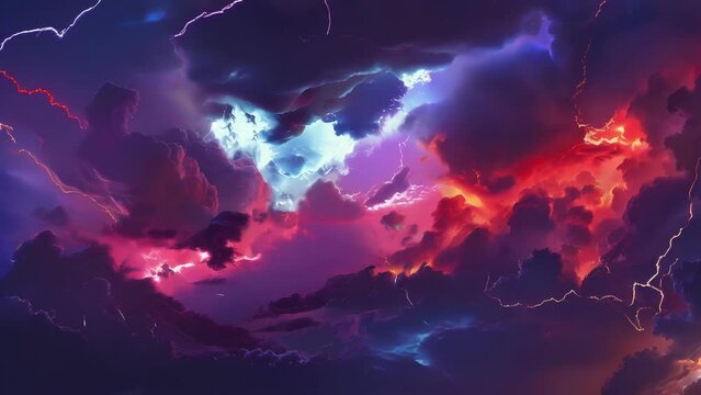 Brilliant bolts of lightning discharge painting the sky with intense hues.