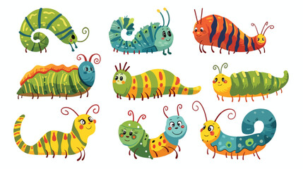 Cartoon funny Caterpillar collection set flat vector 