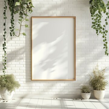 Frame wooden mockup, white floor brick background with hanging plants, home interior, 3D rendering