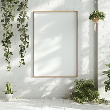 Frame wooden mockup, white floor brick background with hanging plants, home interior, 3D rendering