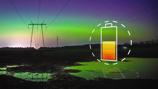 Aurora Borealis And Electrical Substation At Night With Charging Battery Icon In Foreground. abstract, timelapse