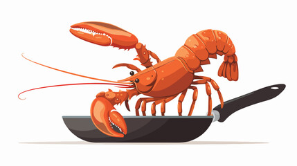 Cartoon funny lobster being cooked in a pan flat vector