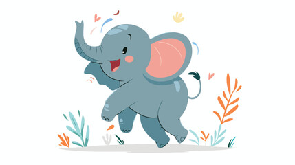 Cartoon happy baby elephant jumping flat vector isolated