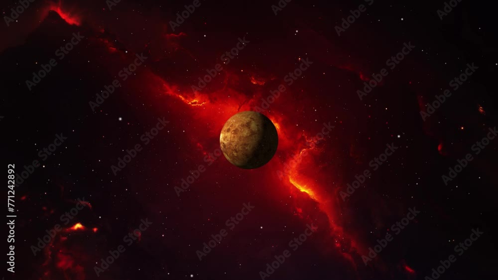 Poster red planet with red nebula background in space.