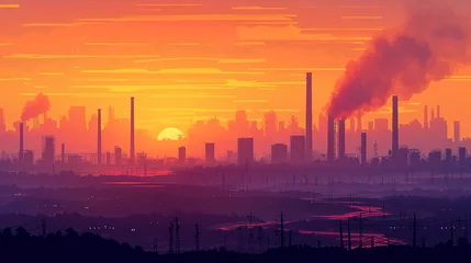 Fotobehang Vector illustration of panoramic industrial silhouette landscape with factory buildings and pollution in flat style.Vector illustration of panoramic industrial silhouette landscape with factory buildi © Wasin Arsasoi