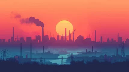 Schilderijen op glas Vector illustration of panoramic industrial silhouette landscape with factory buildings and pollution in flat style.Vector illustration of panoramic industrial silhouette landscape with factory buildi © Wasin Arsasoi