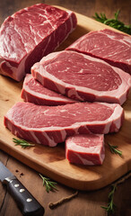 Fototapeta premium raw meat on a cutting board, with some herbs