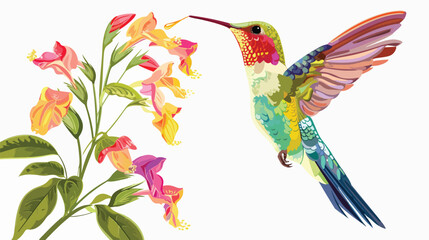 Cartoon hummingbird sipping nectar from flowers flat vector