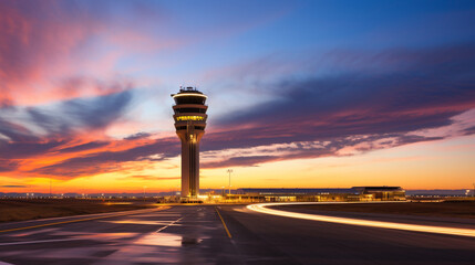 An airport control tower surrounded by a vast expanse of runways, captured in 4K HDR. The image showcases the organization and coordination required to ensure smooth air traffic.