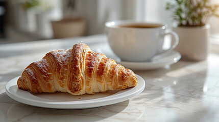A croissant on a white plate and a cup of coffee on a white table